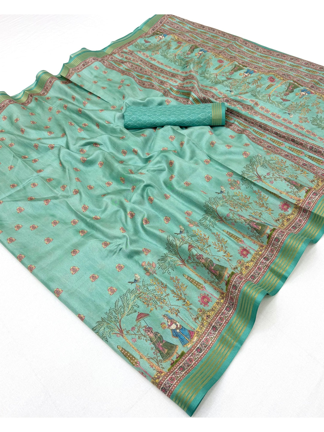 Peachmode Turquoise Cotton Silk Digital Printed Saree - Image 2