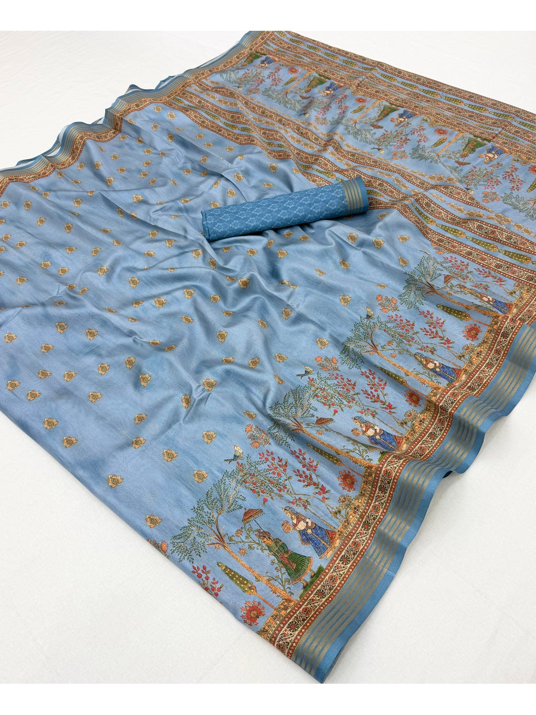 Peachmode Blue Cotton Silk Digital Printed Saree - Image 2