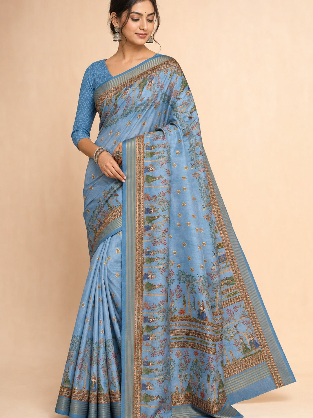 Peachmode Blue Cotton Silk Digital Printed Saree - Image 1