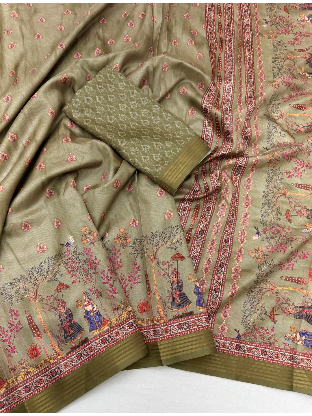 Peachmode Olive Cotton Silk Digital Printed Saree - Image 3