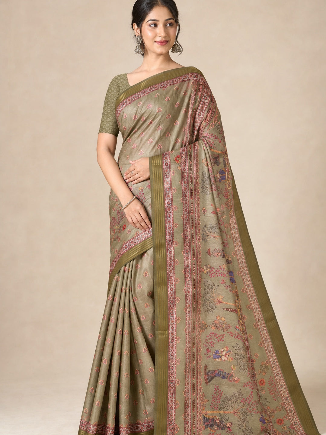 Peachmode Olive Cotton Silk Digital Printed Saree - Image 1