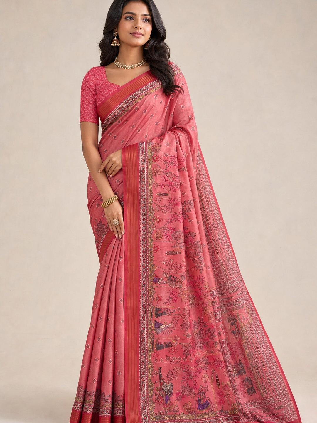 Peachmode Pink Cotton Silk Digital Printed Saree - Image 1
