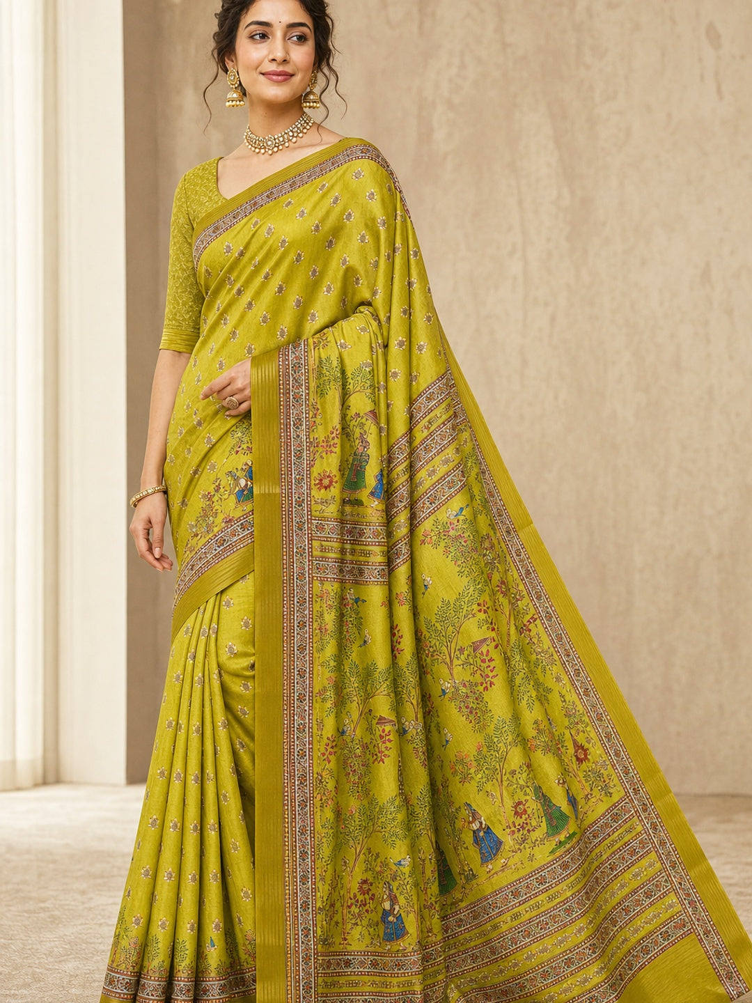 Peachmode Green Cotton Silk Digital Printed Saree - Image 1
