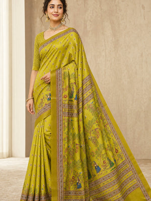 Peachmode Green Cotton Silk Digital Printed Saree - Image 1