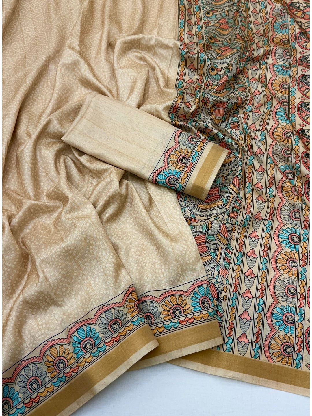 Peachmode Beige & Turquoise Art Silk Digital Printed Saree - Image 2