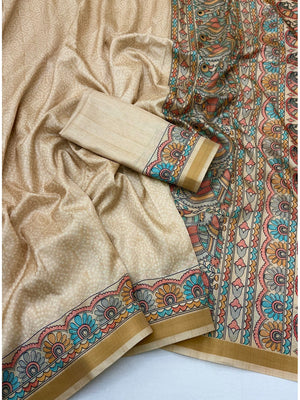 Peachmode Beige & Turquoise Art Silk Digital Printed Saree - Image 2