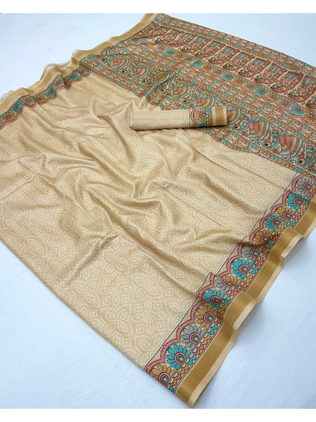 Peachmode Beige & Turquoise Art Silk Digital Printed Saree - Image 3
