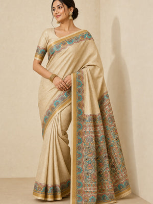 Peachmode Beige & Turquoise Art Silk Digital Printed Saree - Image 1