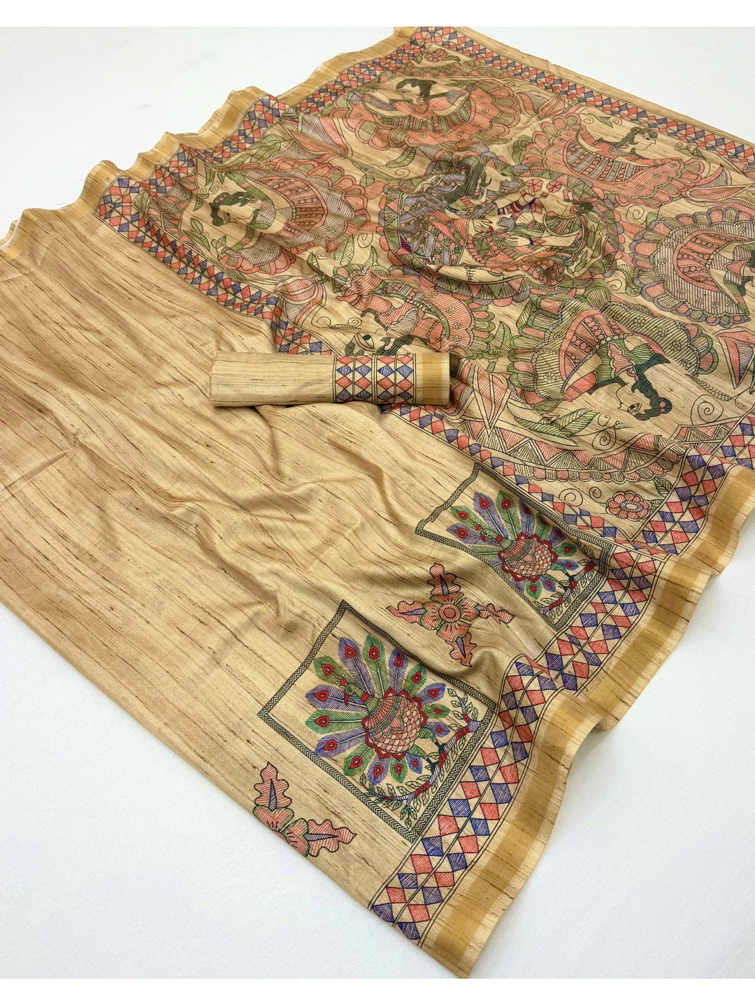 Peachmode Beige & Peach Art Silk Digital Printed Saree - Image 3