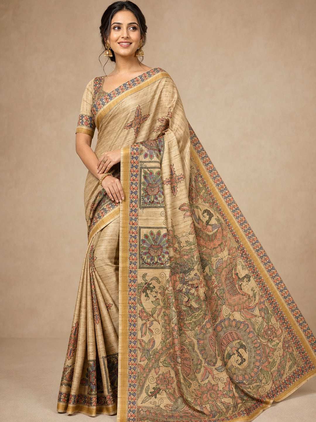 Peachmode Beige & Peach Art Silk Digital Printed Saree - Image 1