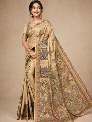 Peachmode Beige & Peach Art Silk Digital Printed Saree - Image 1