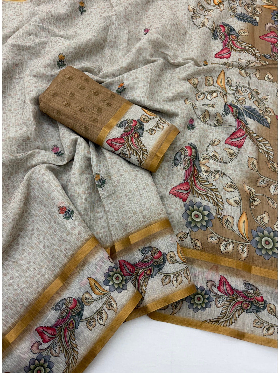 Peachmode Beige Linen Cotton Digital Printed Saree - Image 2