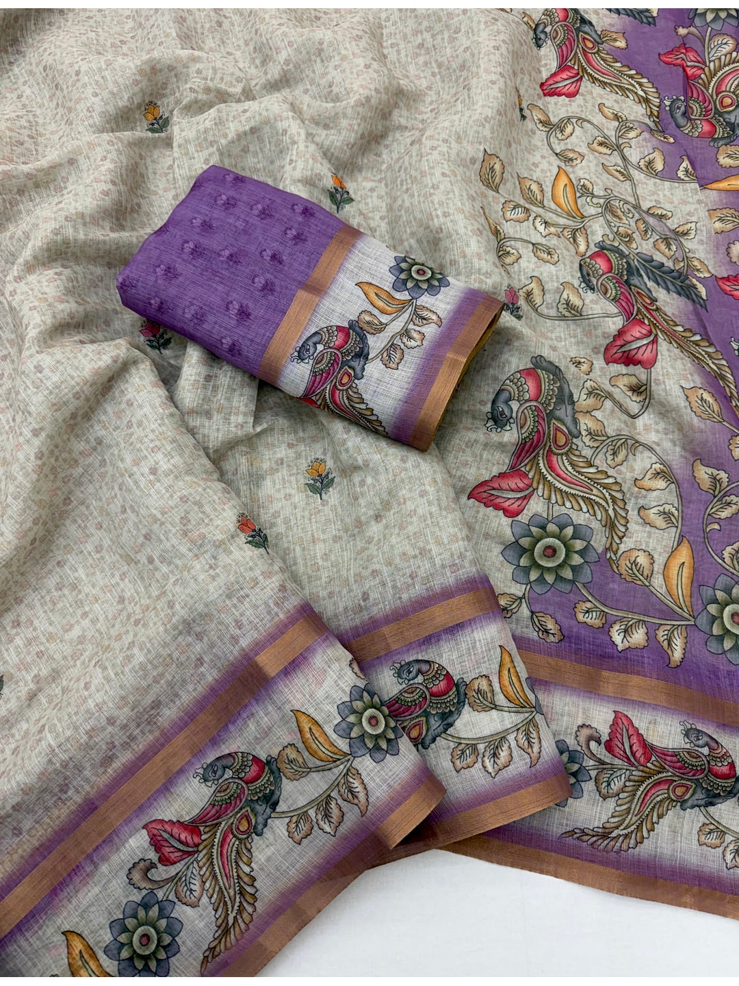 Peachmode Purple Linen Cotton Digital Printed Saree - Image 2
