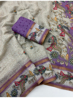 Peachmode Purple Linen Cotton Digital Printed Saree - Image 2