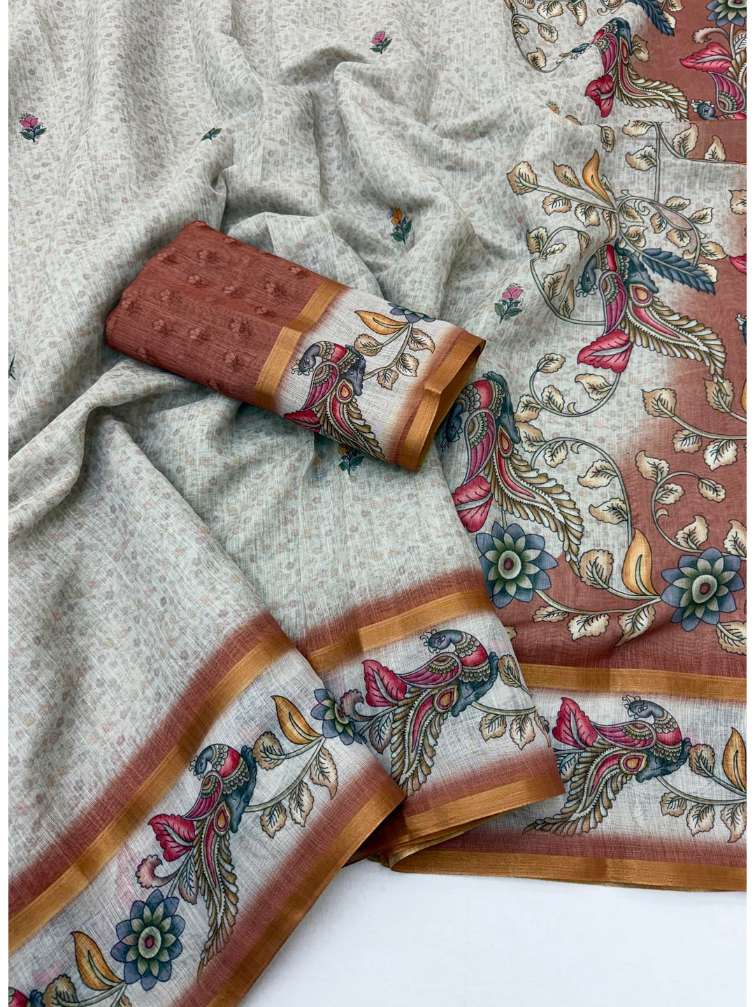 Peachmode Rust Linen Cotton Digital Printed Saree - Image 2