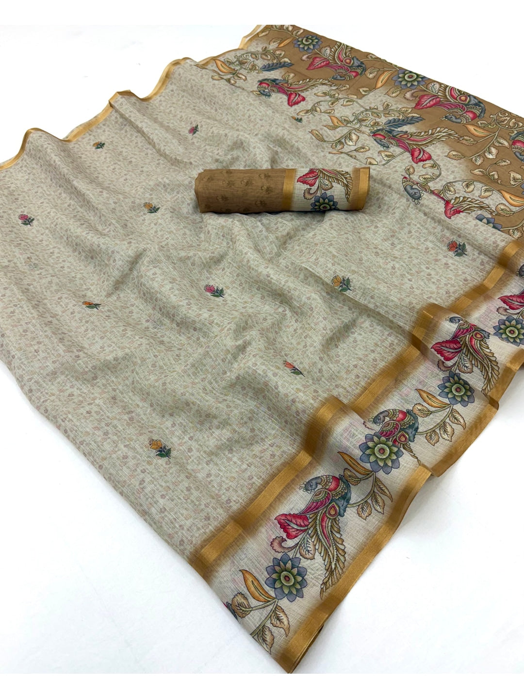 Peachmode Beige Linen Cotton Digital Printed Saree - Image 3