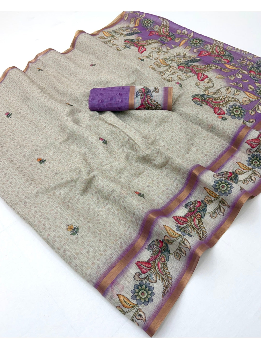 Peachmode Purple Linen Cotton Digital Printed Saree - Image 3