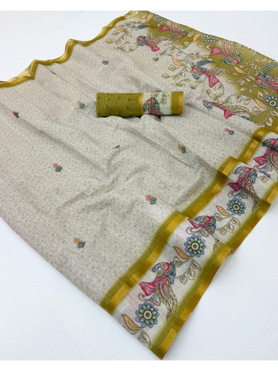 Peachmode Mustard Linen Cotton Digital Printed Saree - Image 3