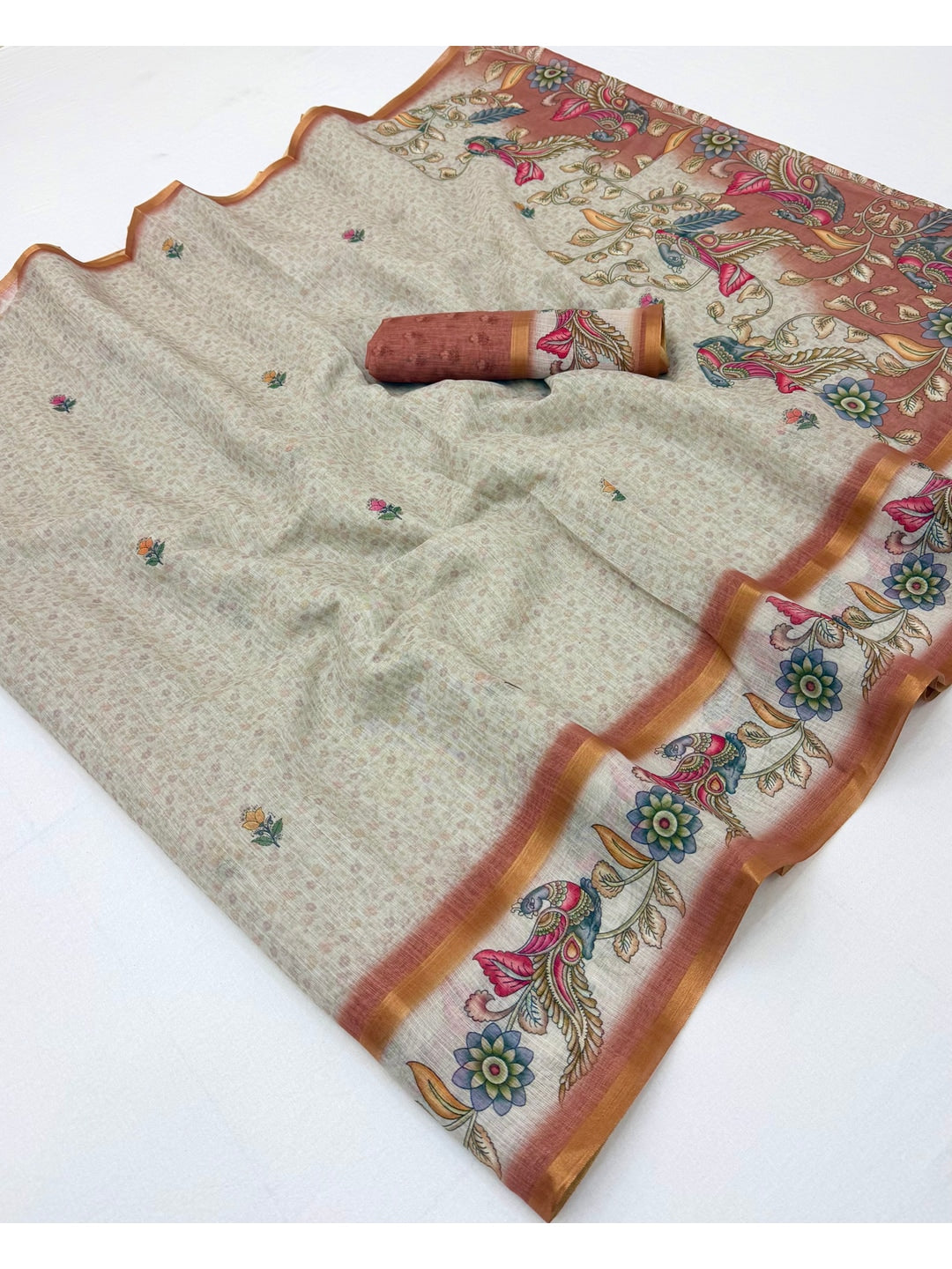 Peachmode Rust Linen Cotton Digital Printed Saree - Image 3