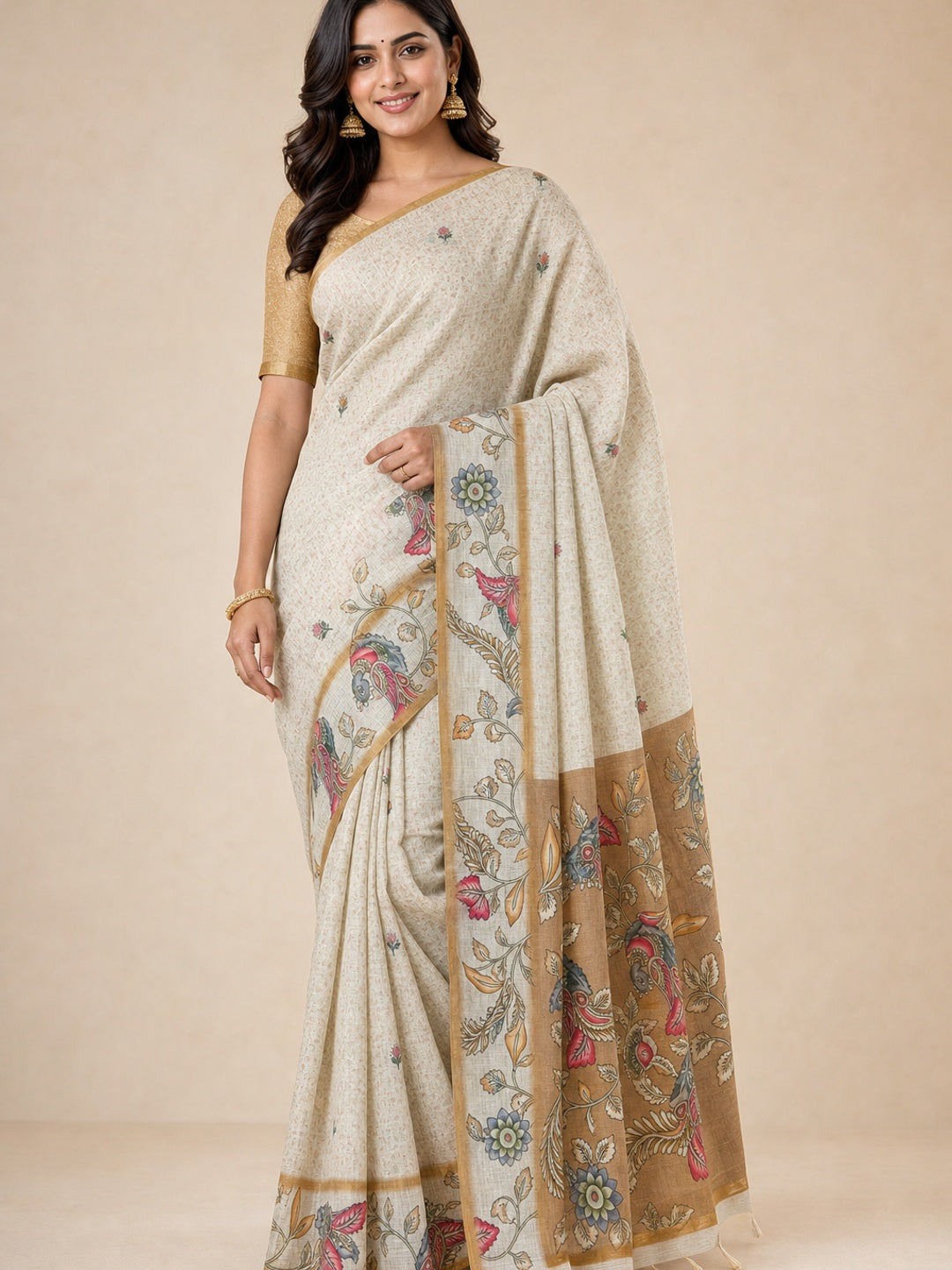 Peachmode Beige Linen Cotton Digital Printed Saree - Image 1