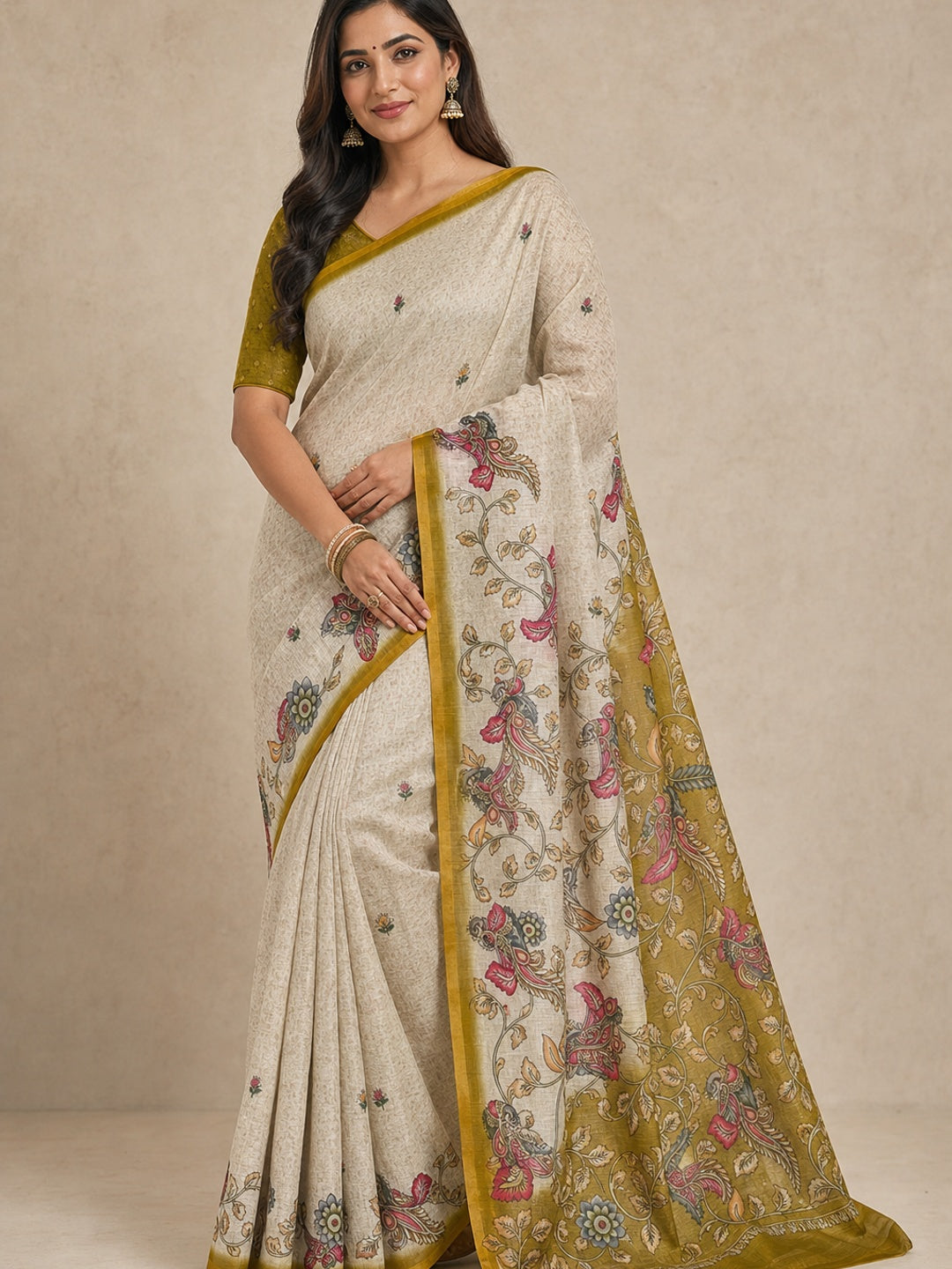 Peachmode Mustard Linen Cotton Digital Printed Saree - Image 1