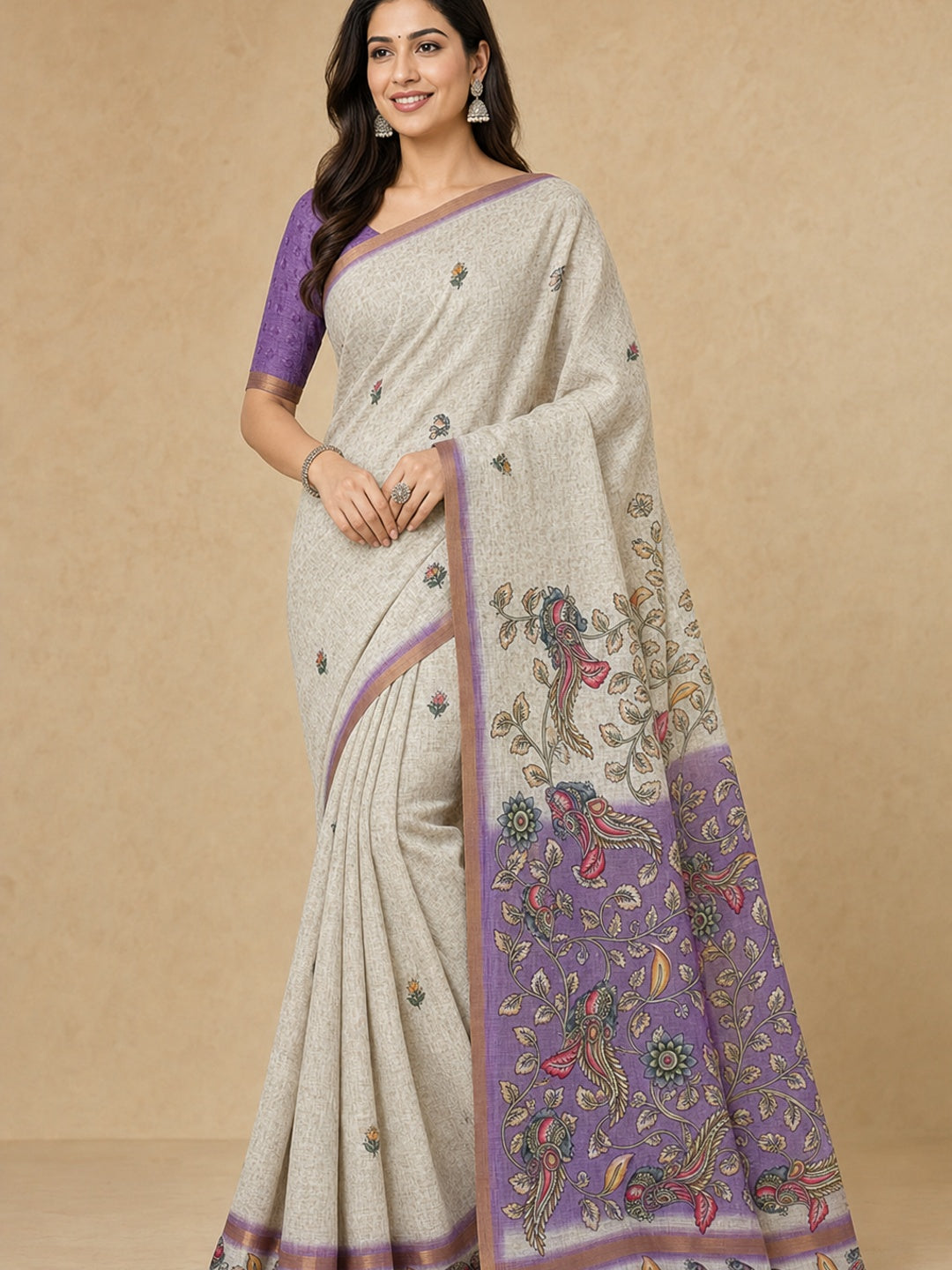 Peachmode Purple Linen Cotton Digital Printed Saree - Image 1