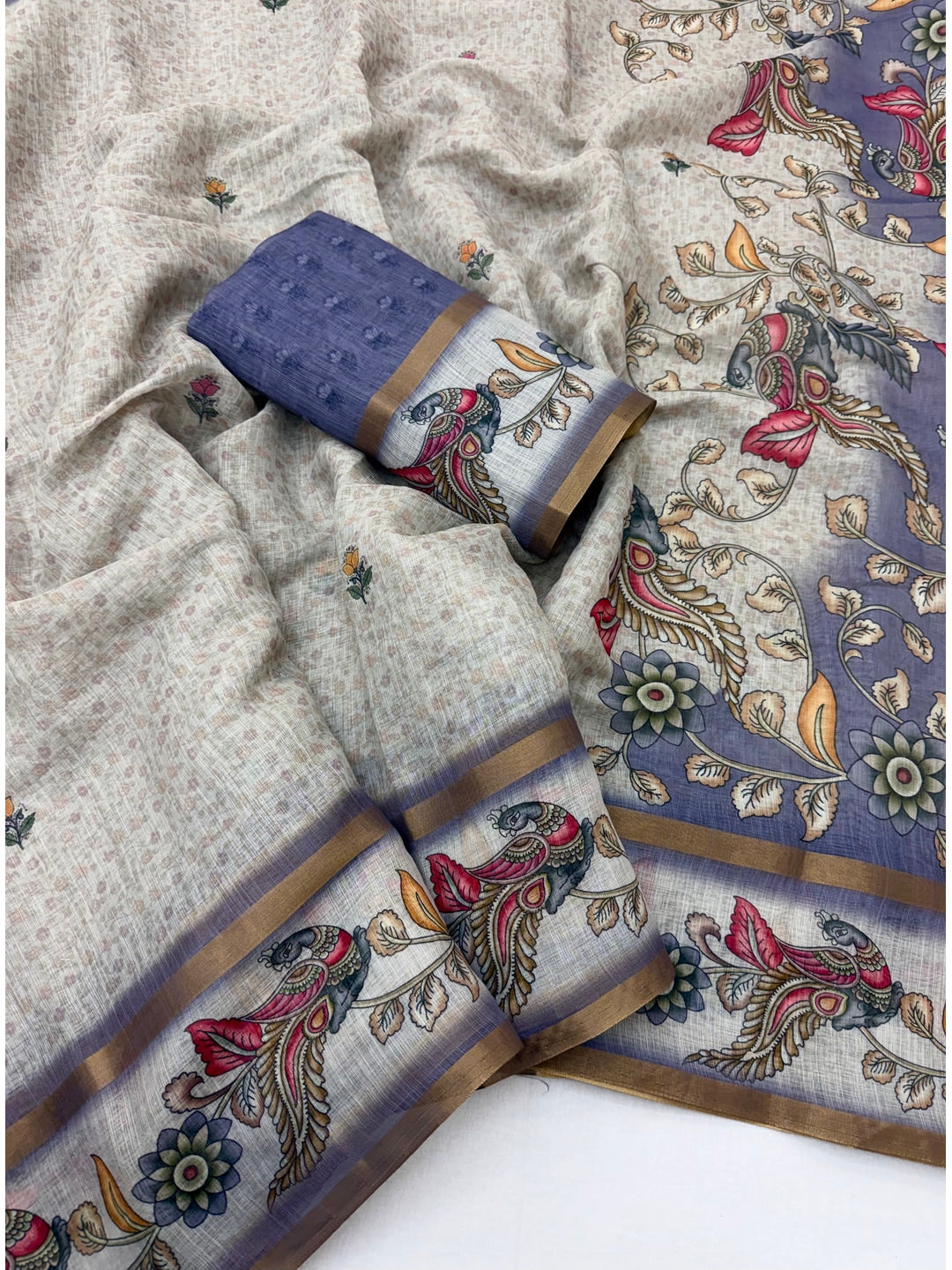 Peachmode Blue Linen Cotton Digital Printed Saree - Image 2
