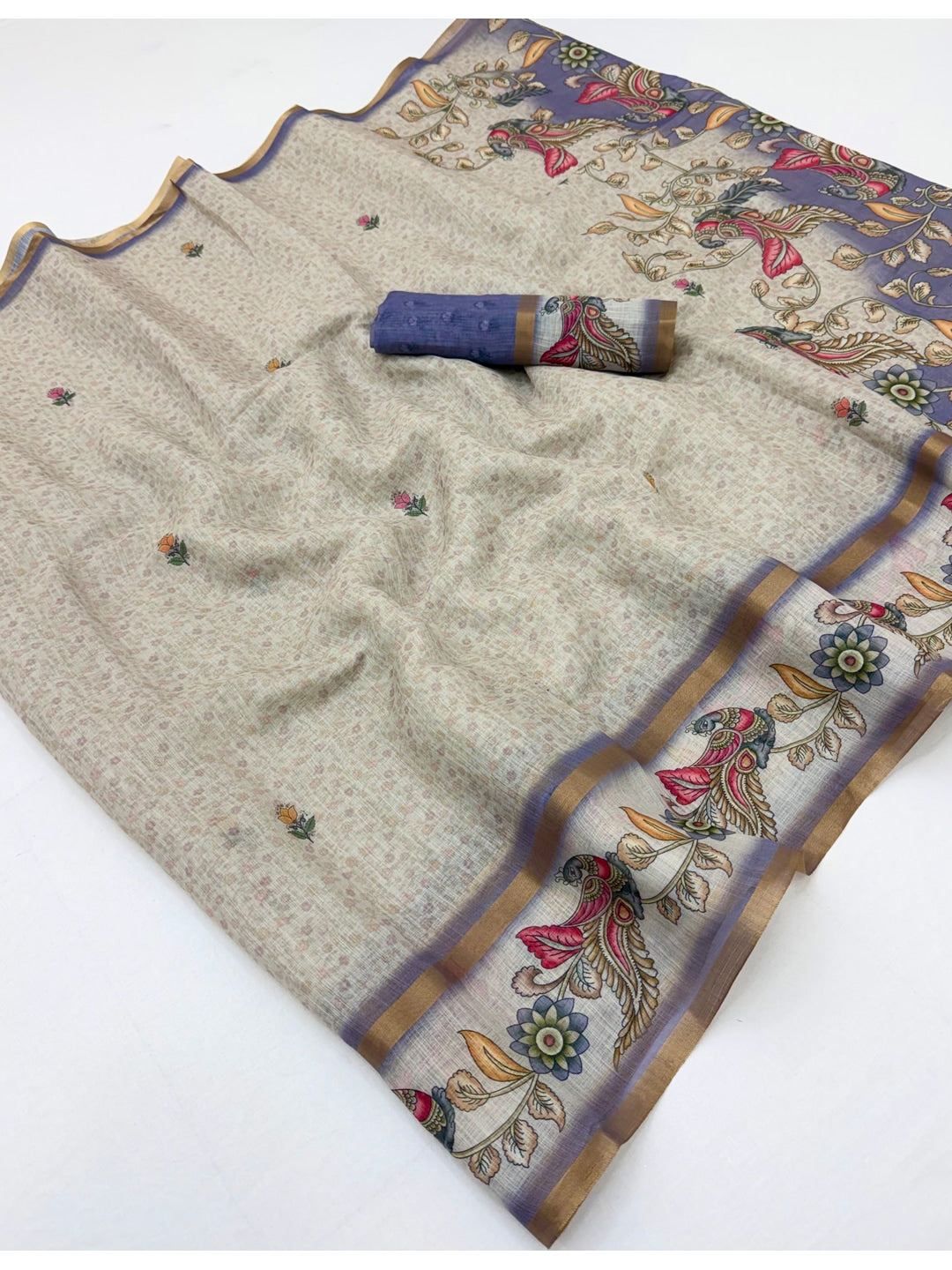 Peachmode Blue Linen Cotton Digital Printed Saree - Image 3