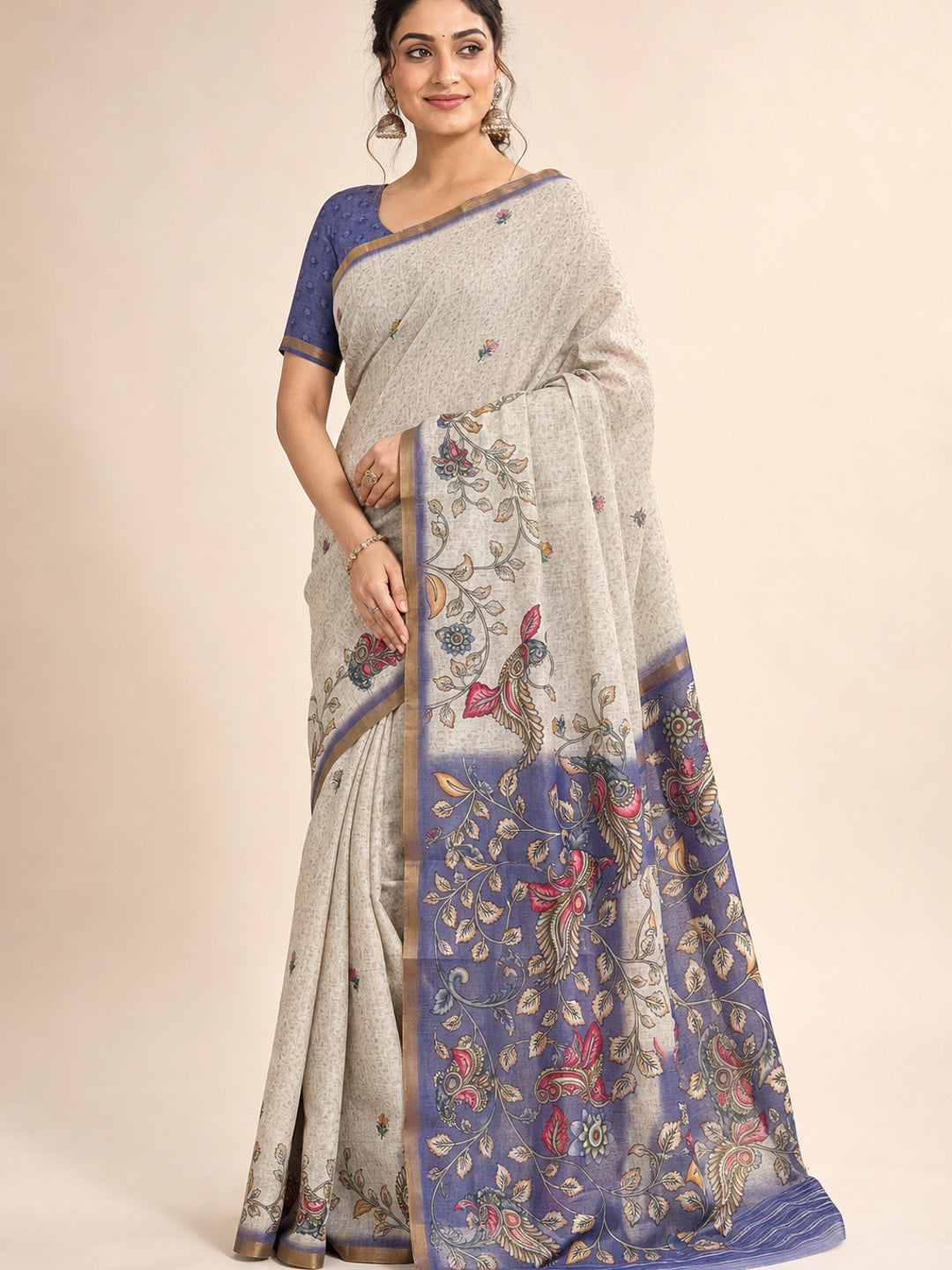 Peachmode Blue Linen Cotton Digital Printed Saree - Image 1