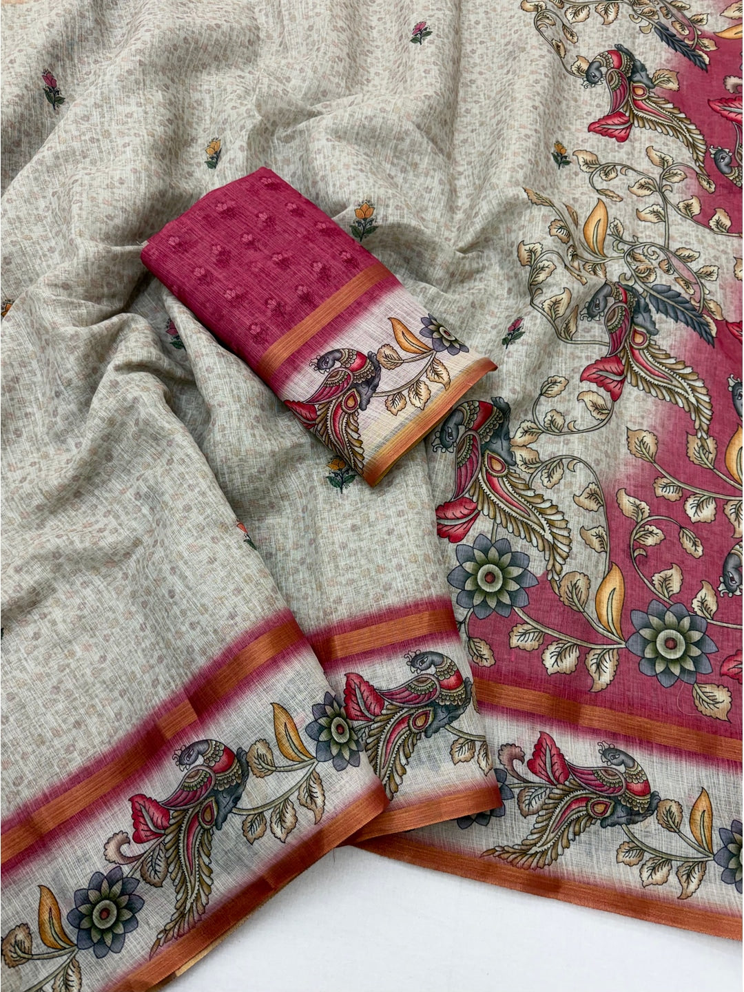 Peachmode Pink Linen Cotton Digital Printed Saree - Image 2