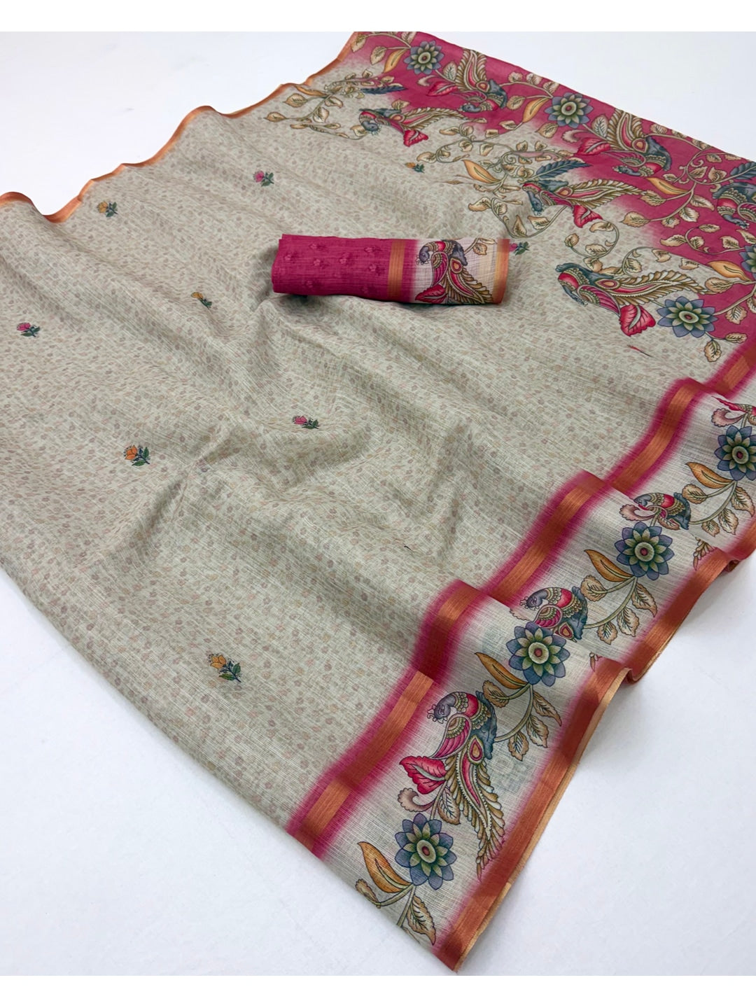 Peachmode Pink Linen Cotton Digital Printed Saree - Image 3