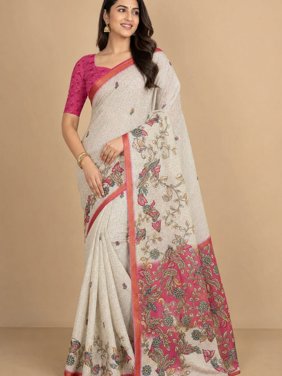 Peachmode Pink Linen Cotton Digital Printed Saree - Image 1