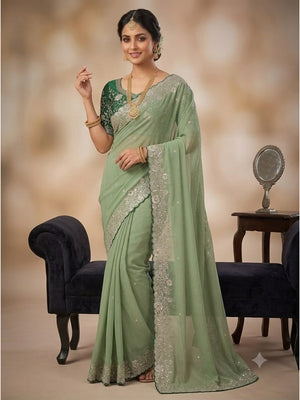 Peachmode Green Star Georgette Silk C-Pallu Saree with Thread and Zari Embroidery - Image 1