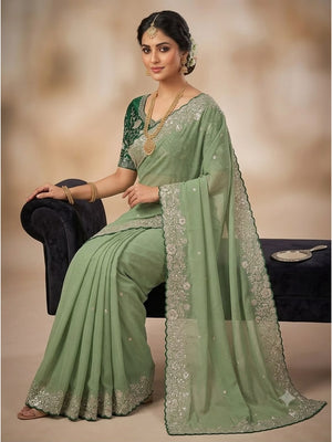 Peachmode Green Star Georgette Silk C-Pallu Saree with Thread and Zari Embroidery - Image 2