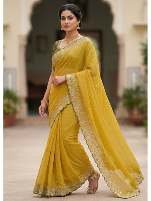 Peachmode Yellow Star Georgette Silk C-Pallu Saree with Thread and Zari Embroidery - Image 2
