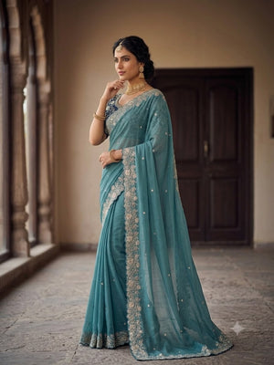 Peachmode Teal Star Georgette Silk C-Pallu Saree with Thread and Zari Embroidery - Image 2