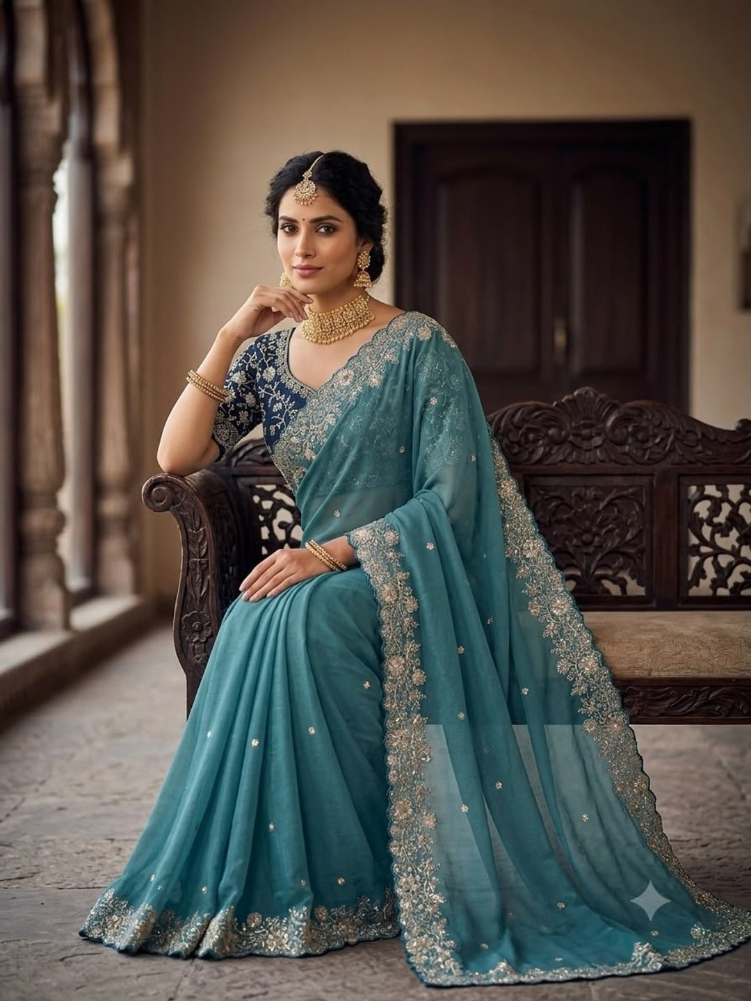 Peachmode Teal Star Georgette Silk C-Pallu Saree with Thread and Zari Embroidery - Image 3