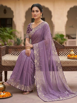 Peachmode Lavender Star Georgette Silk C-Pallu Saree with Thread and Zari Embroidery - Image 1
