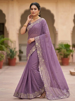 Peachmode Lavender Star Georgette Silk C-Pallu Saree with Thread and Zari Embroidery - Image 2
