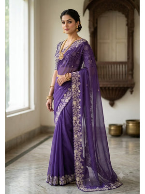 Peachmode Purple Star Georgette Silk C-Pallu Saree with Thread and Zari Embroidery - Image 1