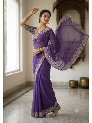 Peachmode Purple Star Georgette Silk C-Pallu Saree with Thread and Zari Embroidery - Image 2