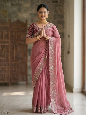 Peachmode Pink Star Georgette Silk C-Pallu Saree with Thread and Zari Embroidery - Image 1