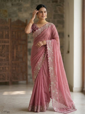 Peachmode Pink Star Georgette Silk C-Pallu Saree with Thread and Zari Embroidery - Image 2