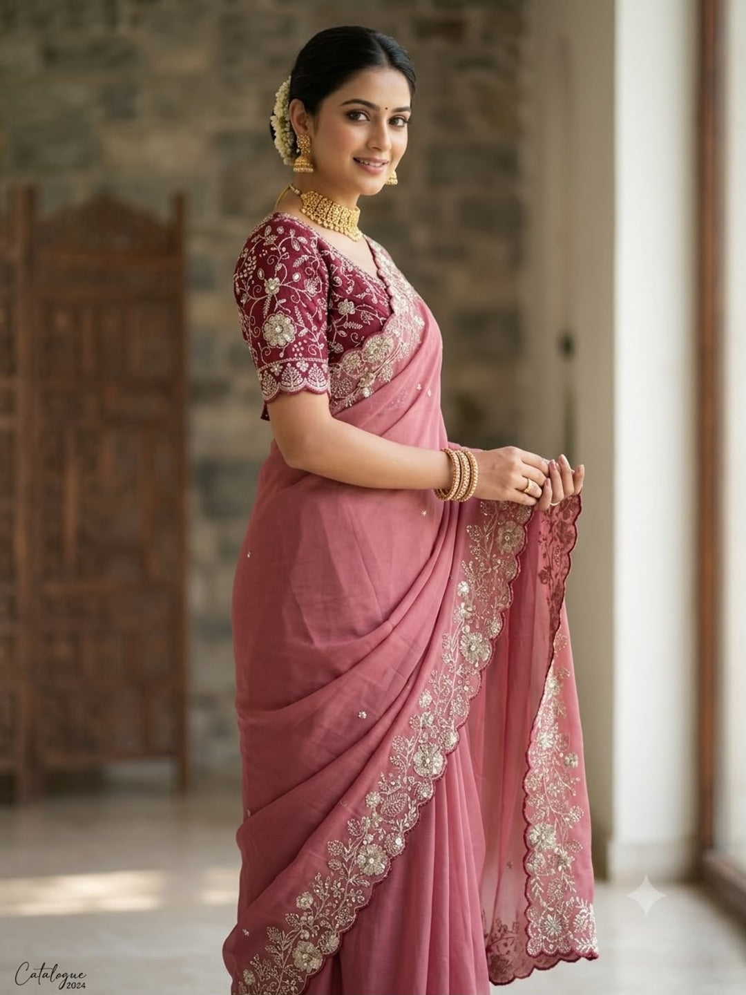 Peachmode Pink Star Georgette Silk C-Pallu Saree with Thread and Zari Embroidery - Image 3