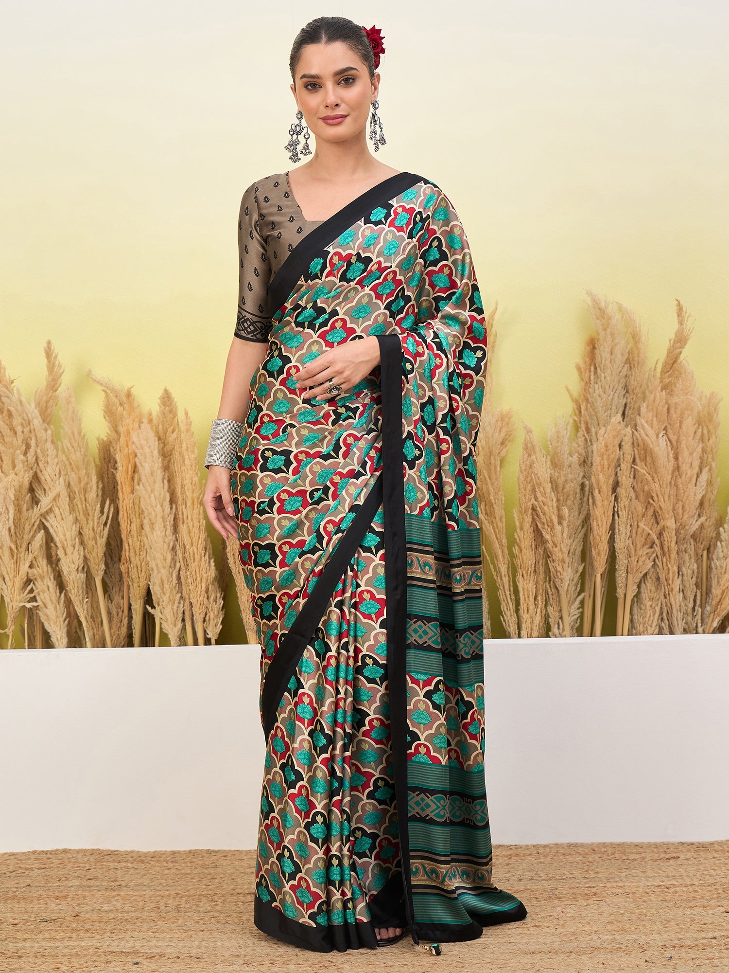 Peachmode Black Semi Modal Printed Saree - Image 1