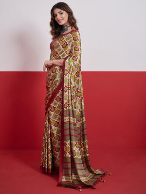 Peachmode Red Semi Modal Printed Saree - Image 2