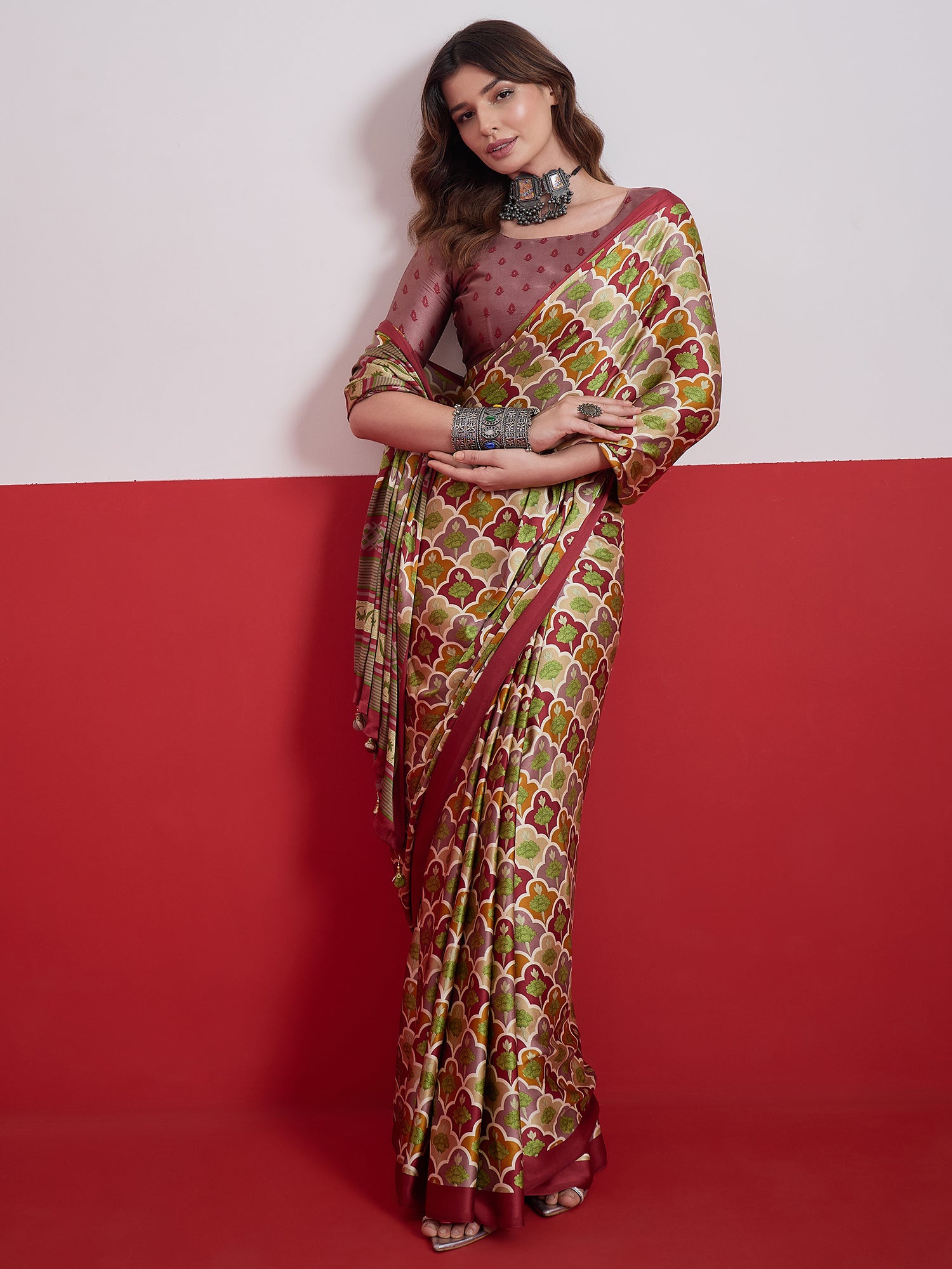 Peachmode Red Semi Modal Printed Saree - Image 4