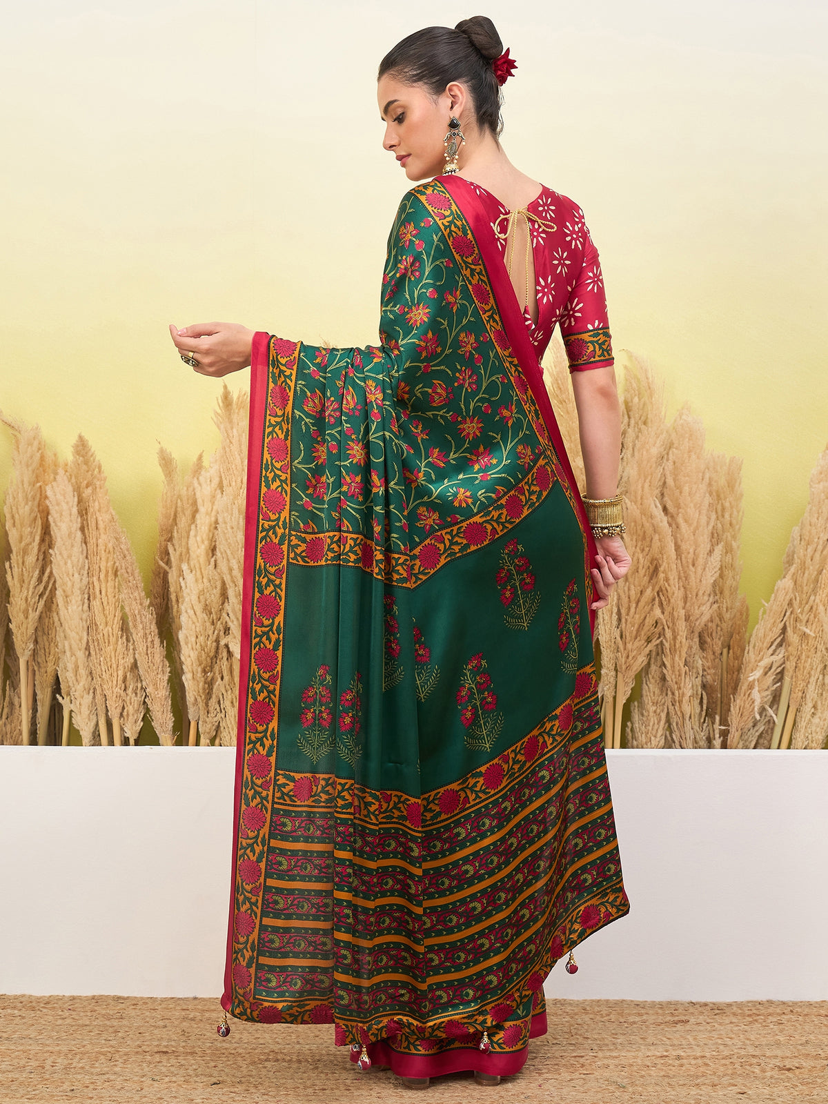 Peachmode Green Semi Modal Printed Saree - Image 2