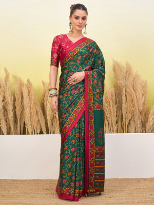 Peachmode Green Semi Modal Printed Saree - Image 1