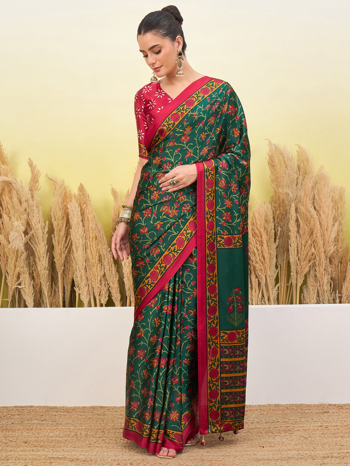 Peachmode Green Semi Modal Printed Saree - Image 3